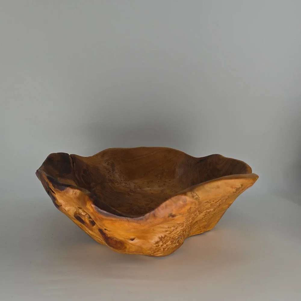 Live Edge Burl Wood Rustic Bowl Handcrafted Organic Turned Wood Art Signed JK